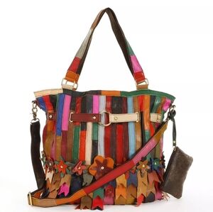 Amerileather Kylie Multi Color Stripes & Flowers Extra Large Tote Shoulder Bag